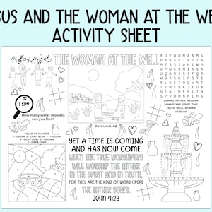 Peut inclure: Feuille d'activité imprimable en noir et blanc pour les enfants avec une page à colorier, une recherche de mots et un jeu de "Je vois, je vois". Le thème est Jésus et la femme au puits. La feuille comprend le verset biblique Jean 4:23, "Mais l'heure vient, et elle est déjà là, où les vrais adorateurs adoreront le Père en esprit et en vérité."