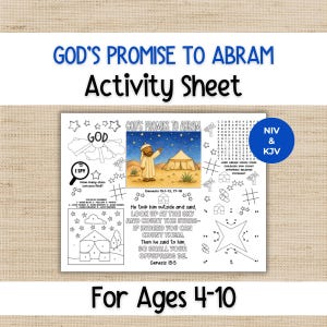 May include: A white activity sheet titled "God's Promise to Abram" with illustrations and text. The sheet includes an I Spy game, color-by-number, and a connect-the-dots activity. The sheet is designed for ages 4-10.