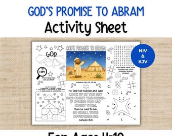 May include: A white activity sheet titled "God's Promise to Abram" with illustrations and text. The sheet includes an I Spy game, color-by-number, and a connect-the-dots activity. The sheet is designed for ages 4-10.