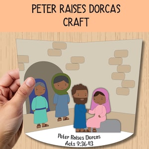May include: A craft activity for children to learn about the biblical story of Peter raising Dorcas. The craft includes a paper doll of Peter, Dorcas, and other characters from the story. The craft also includes a background scene of a house with a door and windows. The craft is titled "Peter Raises Dorcas Craft" and includes the scripture reference "Acts 9:36-43".