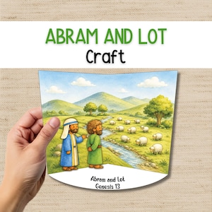 Puede incluir: Una colorida ilustración de Abram y Lot, un proyecto de manualidades. La imagen muestra a dos hombres con túnicas, un río, ovejas y verdes colinas. El texto en la parte superior dice "ABRAM AND LOT Craft". El texto inferior dice "Abram y Lot Génesis 13".