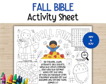 May include: A white paper activity sheet titled FALL BIBLE Activity Sheet featuring black and white line art for coloring, including a child in a leaf pile, a word search, a color-by-number section, and the Bible verse James 5:7.