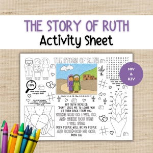 May include: A white activity sheet titled The Story of Ruth featuring black and white line art illustrations, a color-by-number section, a word search, a dot-to-dot drawing, and a central colored illustration of two figures on a path.