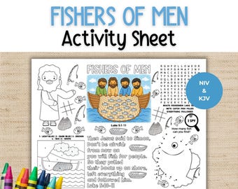 May include: A Fishers of Men activity sheet featuring a color illustration of four people in a boat with a net of fish, a word search, a dot-to-dot fish, a color-by-number section, and the text Luke 5:1-11 and NIV & KJV on a blue circle.