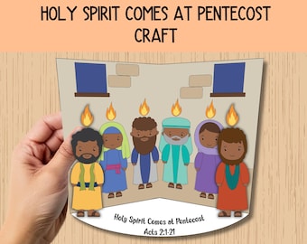 May include: A colourful paper craft showing a religious scene with six cartoon figures, each with a flame above their heads. The text "Holy Spirit Comes at Pentecost Craft" and "Acts 2:1-21" are also visible.