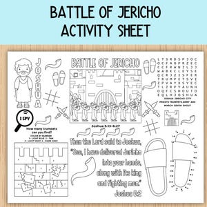 May include: Black and white activity sheet titled "Battle of Jericho." The sheet includes illustrations of trumpets, soldiers, and a city, along with the text "I Spy" and Bible verses. It features coloring and connect-the-dots activities.