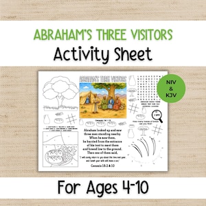 Può includere: Un foglio di attività intitolato "Abraham's Three Visitors" per bambini dai 4 ai 10 anni. Il foglio presenta illustrazioni, attività di colorazione e un gioco "I Spy". Include testo da Genesi 18:2 & 10 e Genesi 16:1-15.