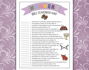 Peut inclure: Une feuille d'activité imprimée intitulée Numbers Bible Scavenger Hunt comprenant une liste de vingt-cinq questions avec des lignes vides pour les réponses. La page inclut des illustrations colorées de sandales, une tente, une ménorah, des trompettes et un taureau rouge.