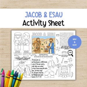 Puede incluir: Una hoja de actividades de Jacob y Esaú con una ilustración central a color de dos hombres, una sopa de letras, una sección de colorear por números, un juego de unir puntos y texto de Génesis 25:19-34 y 25:27-28. Un círculo azul muestra NIV & KJV.