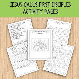 Peut inclure: Pages d'activités imprimables en noir et blanc pour les enfants sur Jésus appelant ses premiers disciples. Les pages comprennent un labyrinthe, une activité de comptage et de recherche, une page à colorier et une activité d'écriture. Le texte sur les pages comprend le verset biblique Luc 5 :1-11.