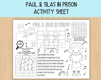 Paul and Silas in Prison Activity Sheet, Children's Church Activity, Bible Activity Placemat for Sunday School, Bible Class, Homeschool