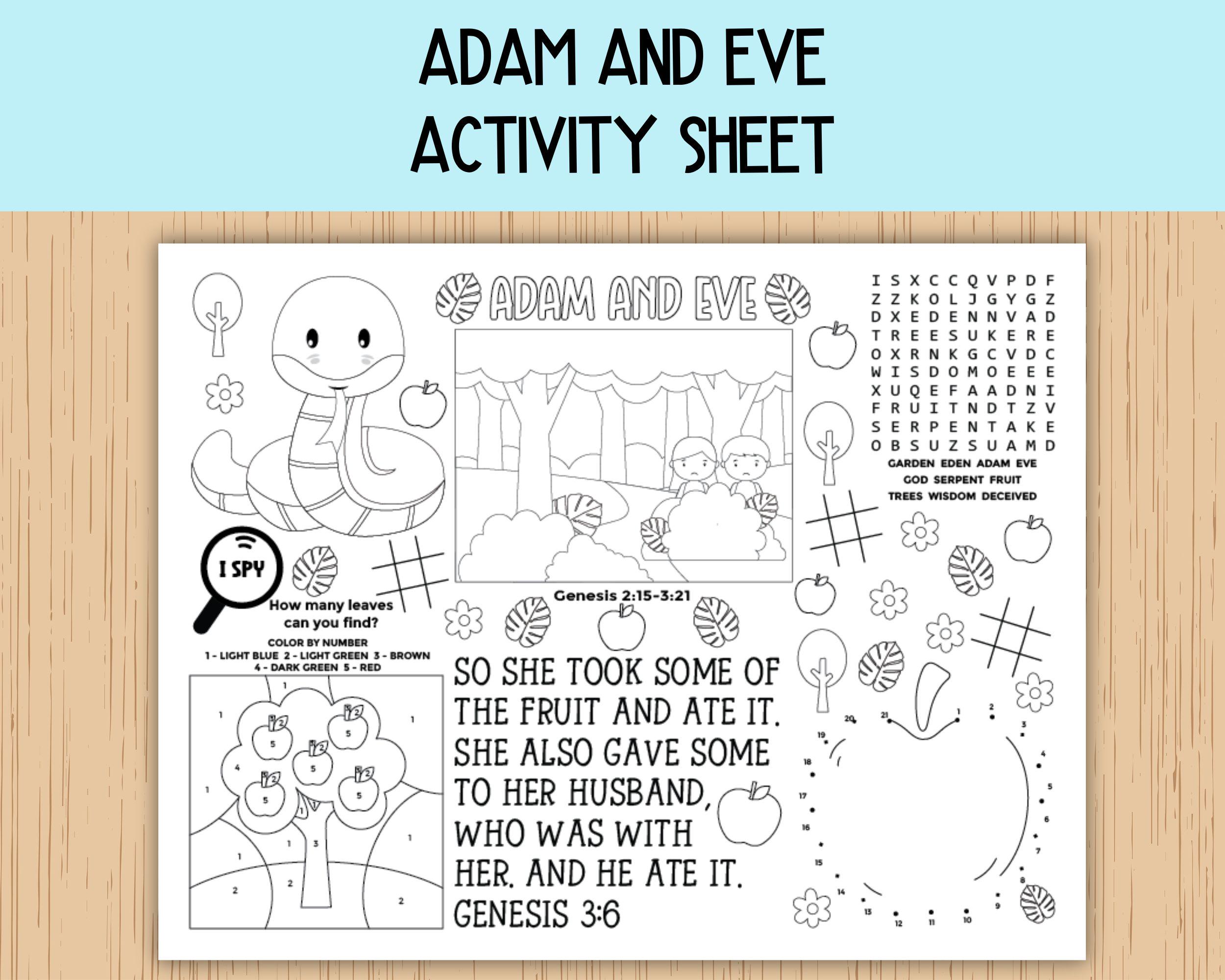 Adam and Eve Activity Sheet, Children's Church, Bible Activity Placemat ...