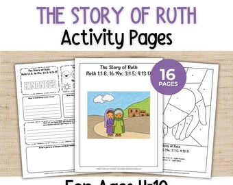 May include: A set of activity pages titled The Story of Ruth for ages 4-10. The pages include text, writing prompts, a colored illustration of two figures walking on a path, and a numbered color-by-number page featuring a hand illustration.