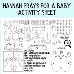 Può includere: Foglio di attività stampabile in bianco e nero per bambini con la storia di Anna che prega per un bambino. Il foglio include una ricerca di parole, un'attività di colorazione per numeri, un'attività di unisci i puntini e un gioco di «Io vedo». Il testo sul foglio include i versetti biblici 1 Samuele 1:4-20 e 1 Samuele 1:15-17.