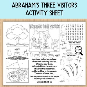 Könnte beinhalten: Schwarz-weiß-Aktivitätsblatt mit dem Titel "Abrahams Three Visitors". Das Blatt enthält Illustrationen biblischer Szenen, ein Wortsuchrätsel, einen Malen-nach-Zahlen-Bereich und ein "Ich sehe was, was du nicht siehst"-Spiel. Text aus Genesis ist ebenfalls enthalten.