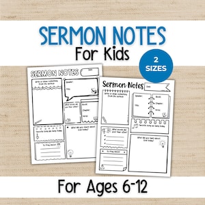 Sermon Notes for Children, Church Notes, Elementary Kids Activity Page, Church Bag