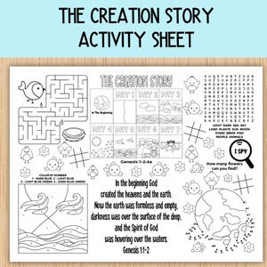 Puede incluir: Una hoja de actividades en blanco y negro titulada "THE CREATION STORY ACTIVITY SHEET". La hoja incluye un laberinto, colorear por números, un juego de búsqueda y ilustraciones de la historia de la creación. El texto incluye Génesis 1:1-2 y Génesis 1-2:4a.