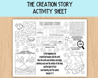 The Creation Story Activity Sheet, Children's Church, Bible Activity Placemat for Sunday School, Bible Class, and Homeschool
