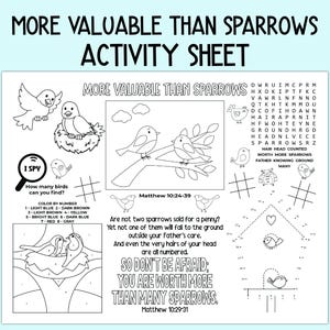 May include: A black and white printable activity sheet with a religious theme. The sheet features a word search, a connect-the-dots puzzle, a color-by-number activity, and a scripture passage from Matthew 10:24-39. The text reads "More Valuable Than Sparrows Activity Sheet".