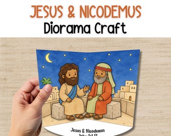 Peut inclure: Un bricolage de diorama avec une illustration de Jésus et Nicodème. L'œuvre représente deux personnages assis sur des blocs de pierre, sur fond de ciel nocturne avec un croissant de lune et des étoiles. Le texte "Jesus & Nicodemus Diorama Craft" est affiché en haut.