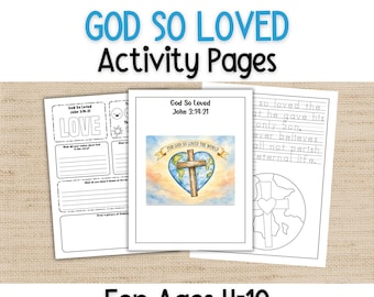 Peut inclure: Pages d'activités avec le texte "GOD SO LOVED" en bleu. Les pages incluent le texte "God So Loved John 3:14-21" et "For Ages 4-10". Les pages présentent des illustrations d'une croix, d'un cœur et de la terre.