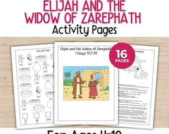 May include: A set of 16 printable activity pages titled Elijah and the Widow of Zarephath for ages 4-10. The pages feature black and white line art for counting, a crossword puzzle, and a color illustration of Elijah and the widow.