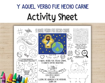 May include: A white activity sheet featuring black and white line art illustrations, text in Spanish, and a central colored graphic of a figure with a globe against a starry sky. The sheet includes word searches, dot-to-dot puzzles, and coloring sections.