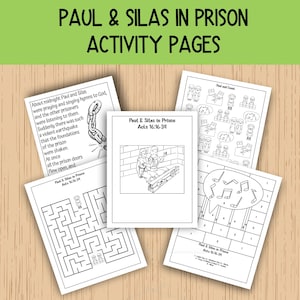 Könnte beinhalten: Eine Sammlung von schwarz-weißen Aktivitätsseiten mit dem Titel "Paulus & Silas im Gefängnis". Die Seiten enthalten ein Labyrinth, Malvorlagen und Textauszüge aus Apostelgeschichte 16:16-34. Oben im Bild steht "PAUL & SILAS IM GEFÄNGNIS AKTIVITÄTSSEITEN."