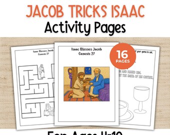 May include: A set of 16 printable activity pages titled Jacob Tricks Isaac, featuring black and white line art, a maze, and a colored illustration of Isaac blessing Jacob from Genesis 27. The pages are designed for ages 4-10.