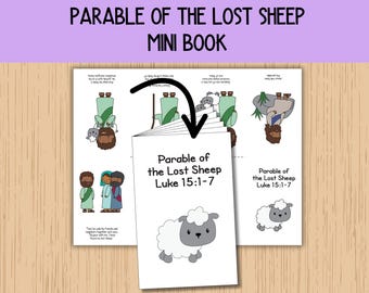 May include: A mini book titled "Parable of the Lost Sheep" with illustrations. The cover features a cartoon sheep. The book's pages show scenes from the parable, with text from Luke 15:1-7. The title is in large, purple letters.
