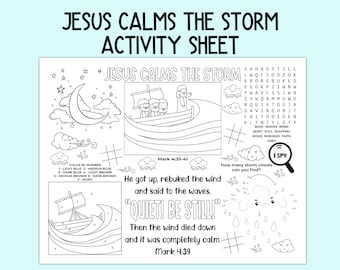 Jesus Calms the Storm Activity Sheet, Children&#39;s Church Activity, Bible Activity Placemat for Sunday School, Bible Class, and Homeschool