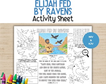 May include: An activity sheet titled Elijah Fed By Ravens featuring a color-by-number section, a word search, a dot-to-dot puzzle, and a central illustration of Elijah by a brook with ravens. Includes text from 1 Kings 17:1-7 and 17:2-4.