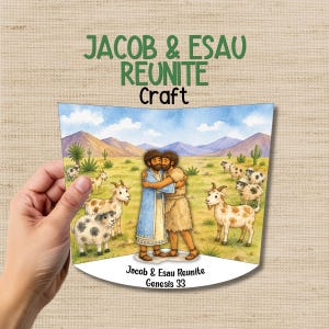 May include: A craft project featuring a watercolor illustration of Jacob and Esau reuniting, surrounded by goats and a desert landscape. The text "Jacob & Esau Reunite Craft" is displayed above the image, with "Genesis 33" below.