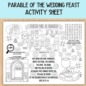 Puede incluir: Hoja de actividades en blanco y negro titulada "Parábola de la Fiesta de Bodas". La hoja presenta ilustraciones de escenas bíblicas, incluyendo un banquete y figuras. El texto incluye versículos bíblicos, un juego de "I Spy" y una sección de colorear.