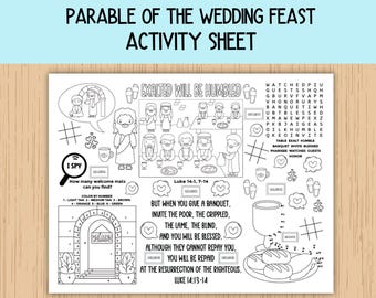 May include: Black and white activity sheet titled "Parable of the Wedding Feast." The sheet features illustrations of biblical scenes, including a banquet and figures. Text includes Bible verses, an "I Spy" game, and a color-by-number section.