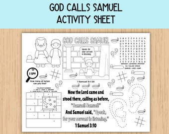 Hoja de actividades: Dios llama a Samuel, Samuel escucha, Iglesia infantil, mantel individual con actividades bíblicas para la escuela dominical, clase bíblica y educación en casa.