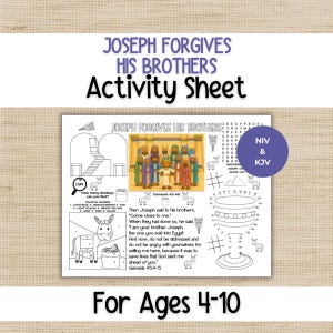 May include: A black and white activity sheet titled Joseph Forgives His Brothers, featuring a central color illustration of Joseph and his brothers, a word search, a dot-to-dot chalice, a color-by-number donkey, and Bible verses from Genesis.
