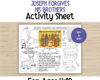 May include: A black and white activity sheet titled Joseph Forgives His Brothers, featuring a central colour illustration of Joseph and his brothers, a word search, a dot-to-dot chalice, a colour-by-number donkey, and Bible verses from Genesis.