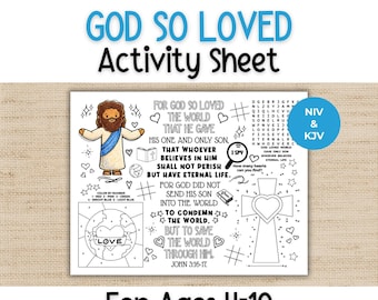 Peut inclure: Une feuille d'activité blanche avec le texte "GOD SO LOVED Activity Sheet" et "For Ages 4-10". La feuille comprend des illustrations de Jésus, des cœurs, une croix et le verset biblique Jean 3:16-17. Elle contient également un jeu "I Spy".