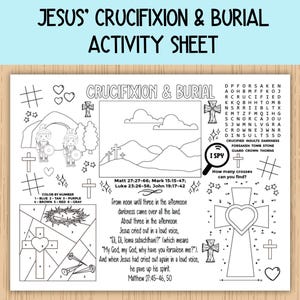 Jesus' Crucifixion and Burial Activity Sheet, Children's Church Activity, Bible Activity Placemat for Sunday School, Bible Class, Homeschool