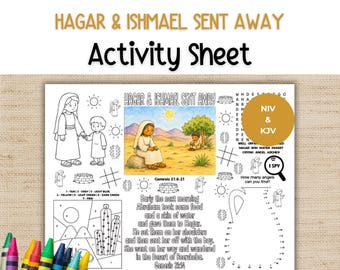 May include: A printable activity sheet titled Hagar & Ishmael Sent Away featuring a central color illustration, a color-by-number cactus scene, a word search, a dot-to-dot water skin, and a Bible verse excerpt from Genesis 21:8-21.