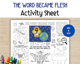 Peut inclure: Une feuille d'activités blanche intitulée THE WORD BECAME FLESH avec des illustrations au trait noir, un jeu de mots mêlés, un jeu de points à relier et une image centrale en couleur d'un personnage avec un globe sur un ciel étoilé. Un cercle bleu indique NIV & KJV.