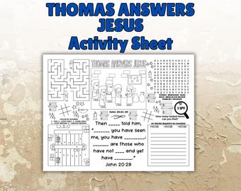 Hoja de actividades de Thomas Answers Jesus, actividad para niños de la iglesia, mantel individual con actividades bíblicas para la escuela dominical, clase bíblica.