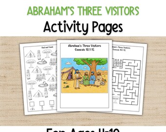 Peut inclure: Trois pages d'activités pour enfants, avec le texte "Abraham's Three Visitors" et "Activity Pages". Les pages comprennent des illustrations et des labyrinthes, avec le texte "For Ages 4-10" en bas. Les pages sont sur un fond beige.