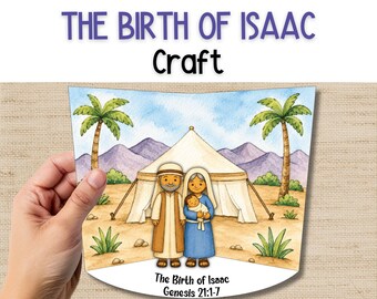 Peut inclure: Illustration à l'aquarelle d'une scène biblique, tenue par une main. L'image représente un couple avec un bébé devant une tente, avec des palmiers et des montagnes en arrière-plan. Le texte indique "The Birth of Isaac Craft" et "Genèse 21:1-7."