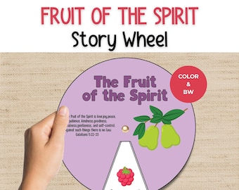 May include: A circular paper story wheel titled The Fruit of the Spirit in purple with a central metallic fastener. It features a green pear illustration and a white wedge section displaying a red raspberry and the text SELF-CONTROL.