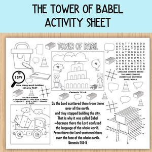 Pode incluir: Uma folha de atividades em preto e branco intitulada "A Torre de Babel". A folha inclui ilustrações de uma torre, uma betoneira e outros objetos. O texto inclui "I Spy" e um jogo de pesquisa de palavras.