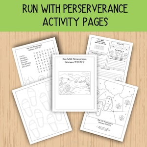 Pode incluir: Um conjunto de páginas de atividades a preto e branco com o título "RUN WITH PERSERVERANCE ACTIVITY PAGES". As páginas incluem caça-palavras, páginas para colorir e exercícios de traçado. O texto "Hebrews 11:29-12:2" também é visível.
