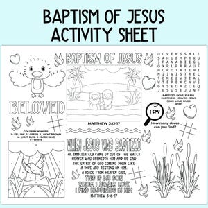 Feuille d&#39;activités sur le baptême de Jésus, activité religieuse pour enfants, napperon d&#39;activités bibliques pour l&#39;école du dimanche, le cours biblique et l&#39;école à la maison