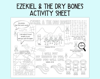 May include: Black and white printable activity sheet for children featuring a Bible story about Ezekiel and the dry bones. The sheet includes a word search, a color by number activity, and an I Spy game. The text on the sheet includes the Bible verses Ezekiel 37:1-14 and Ezekiel 37:14.